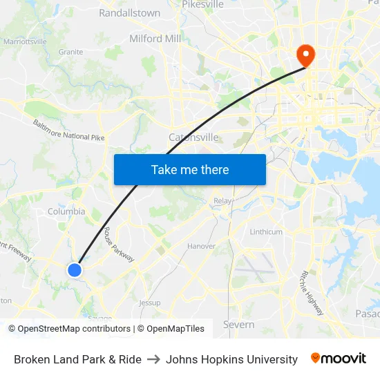 Broken Land Park & Ride to Johns Hopkins University map