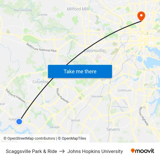 Scaggsville Park & Ride to Johns Hopkins University map
