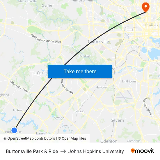 Burtonsville Park & Ride to Johns Hopkins University map