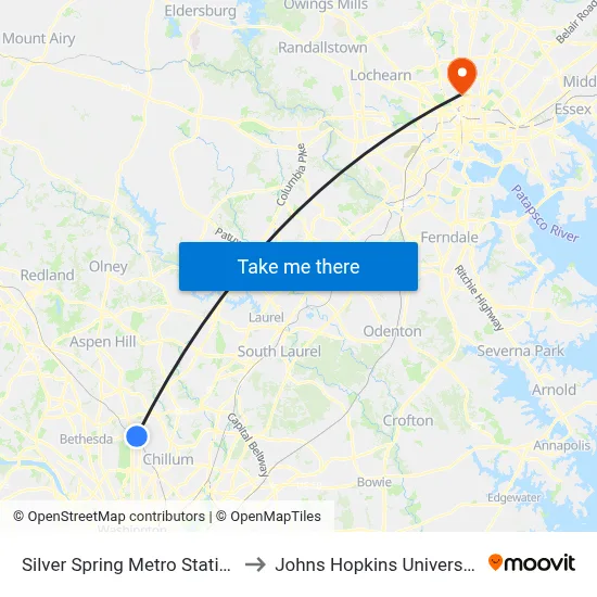 Silver Spring Metro Station to Johns Hopkins University map