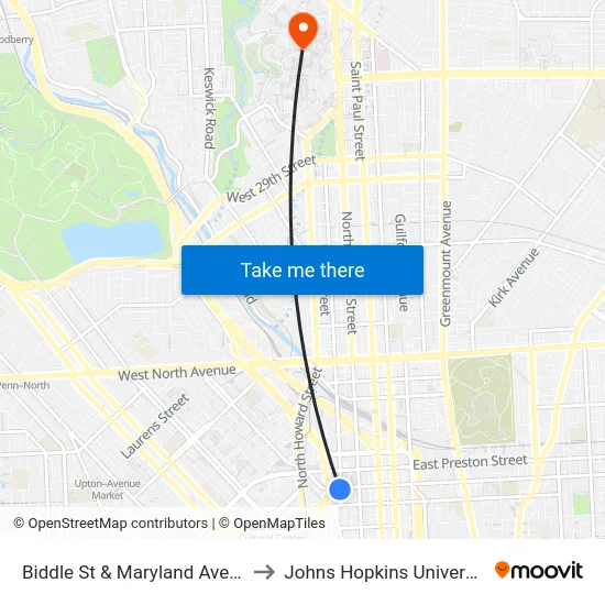 Biddle St & Maryland Ave Eb to Johns Hopkins University map