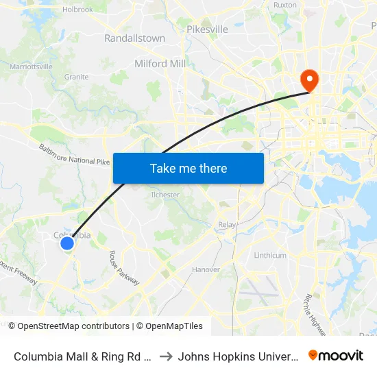 Columbia Mall & Ring Rd Wb to Johns Hopkins University map