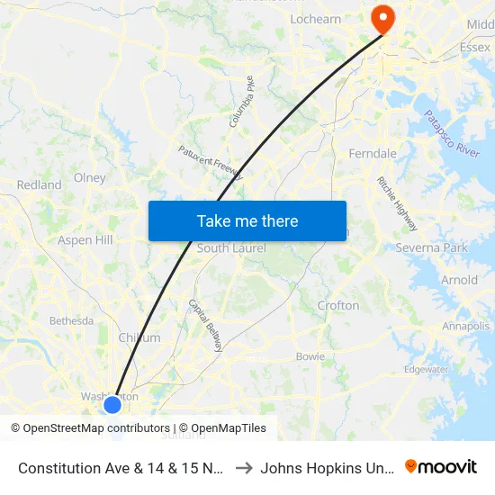 Constitution Ave & 14 & 15 NW Mid Wb to Johns Hopkins University map