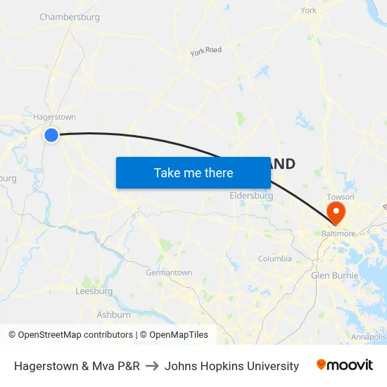 Hagerstown & Mva P&R to Johns Hopkins University map