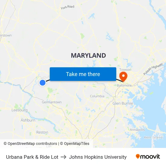 Urbana Park & Ride Lot to Johns Hopkins University map