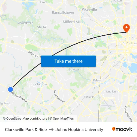 Clarksville Park & Ride to Johns Hopkins University map