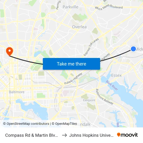Compass Rd & Martin Blvd Wb to Johns Hopkins University map