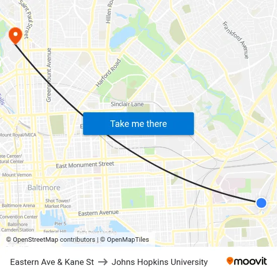 Eastern Ave & Kane St to Johns Hopkins University map