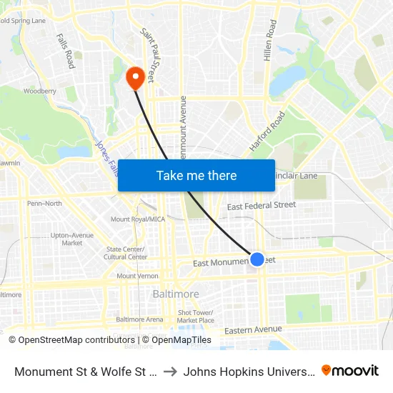 Monument St & Wolfe St Eb to Johns Hopkins University map