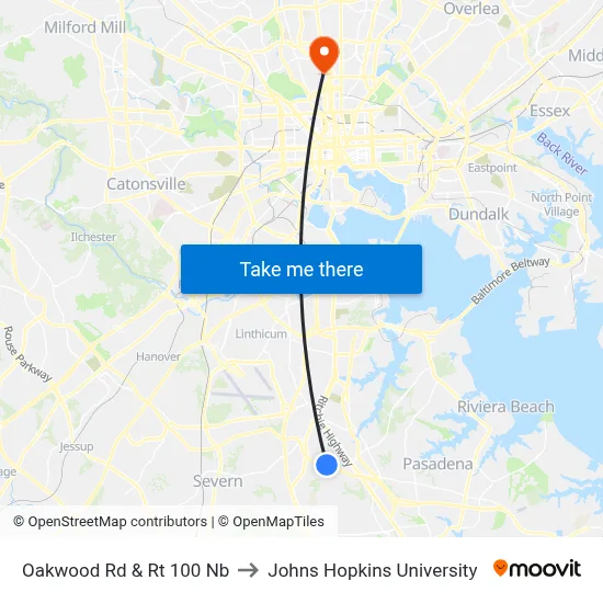 Oakwood Rd & Rt 100 Nb to Johns Hopkins University map