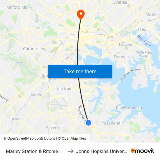 Marley Station & Ritchie Hwy to Johns Hopkins University map