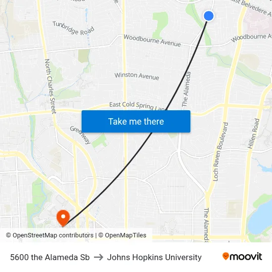 5600 the Alameda Sb to Johns Hopkins University map