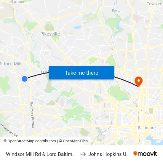 Windsor Mill Rd & Lord Baltimore Dr FS Wb to Johns Hopkins University map