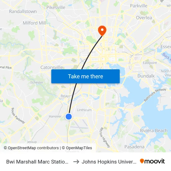 Bwi Marshall Marc Station Sb to Johns Hopkins University map