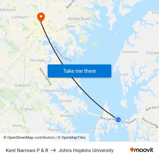 Kent Narrows P & R to Johns Hopkins University map