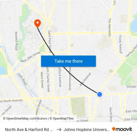 North Ave & Harford Rd Wb to Johns Hopkins University map
