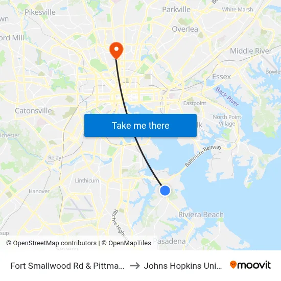 Fort Smallwood Rd & Pittman Rd Sb to Johns Hopkins University map