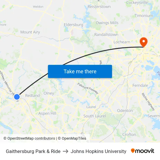 Gaithersburg Park & Ride to Johns Hopkins University map