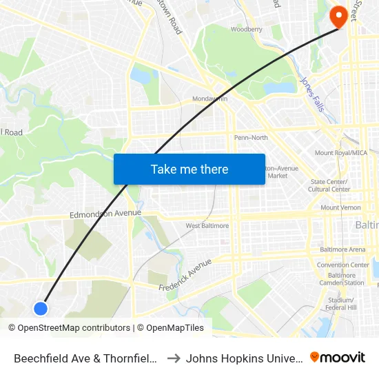 Beechfield Ave & Thornfield Ave to Johns Hopkins University map
