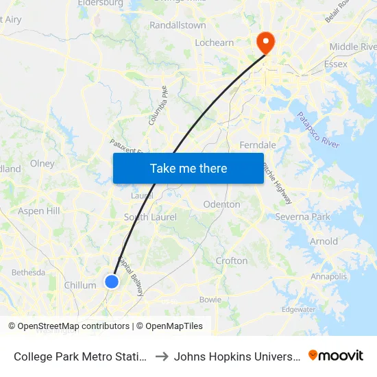 College Park Metro Station to Johns Hopkins University map