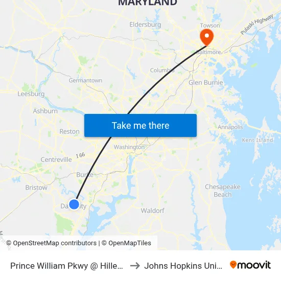 Prince William Pkwy @ Hillendale Dr to Johns Hopkins University map