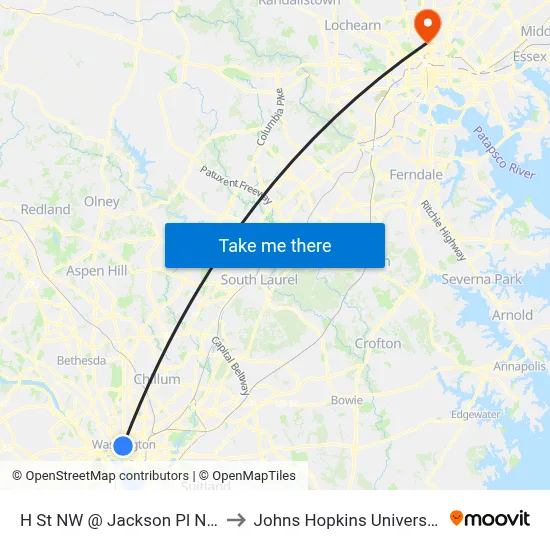 H St NW @  Jackson Pl NW to Johns Hopkins University map