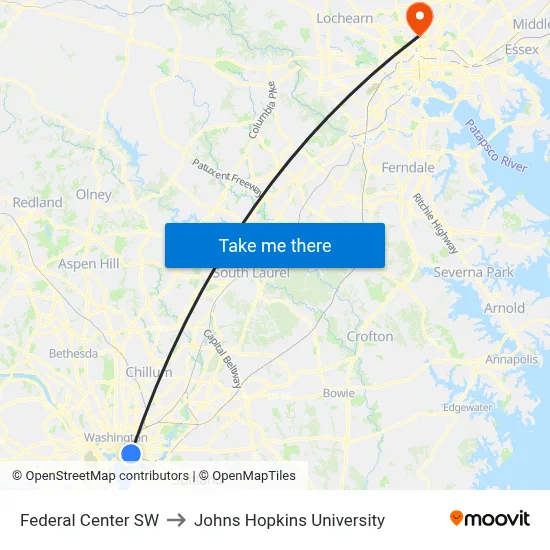 Federal Center SW to Johns Hopkins University map