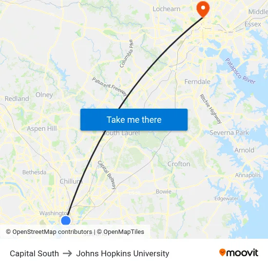 Capital South to Johns Hopkins University map