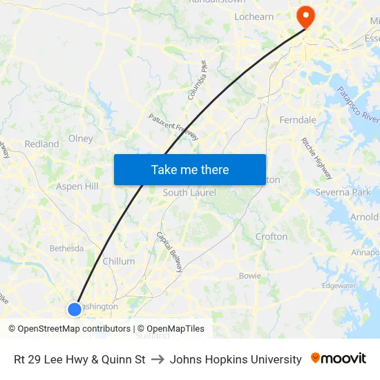 Rt 29 Lee Hwy & Quinn St to Johns Hopkins University map