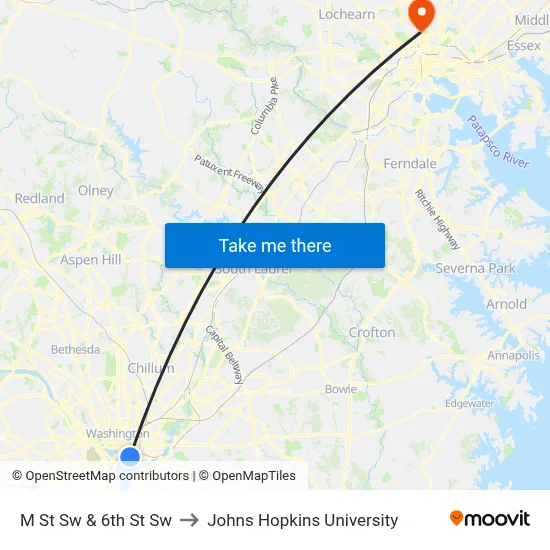 M St Sw & 6th St Sw to Johns Hopkins University map