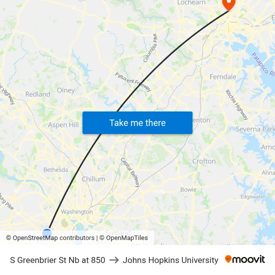 S Greenbrier St Nb at 850 to Johns Hopkins University map
