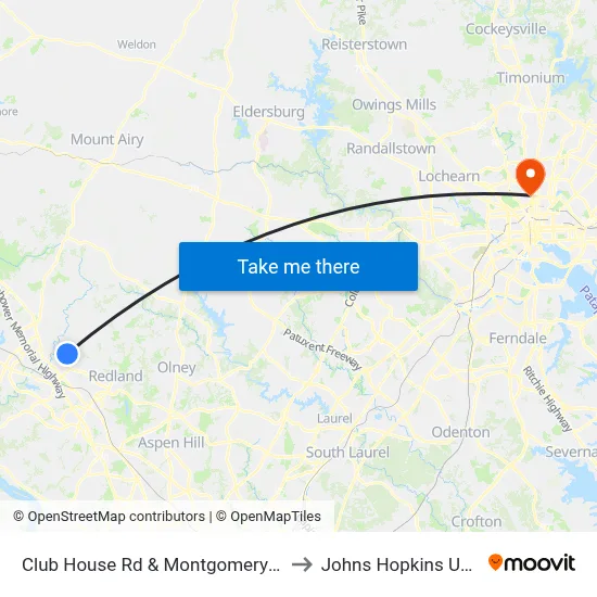 Club House Rd & Montgomery Village Ave to Johns Hopkins University map