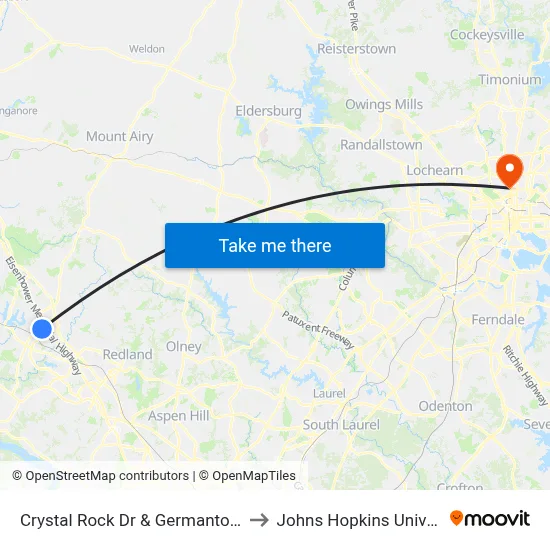 Crystal Rock Dr & Germantown Rd to Johns Hopkins University map