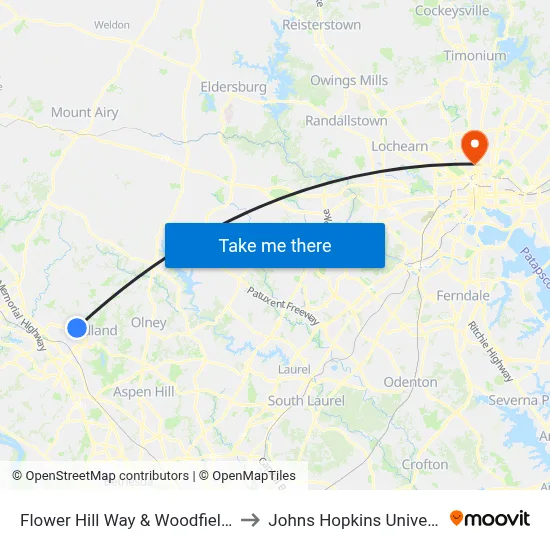 Flower Hill Way & Woodfield Rd to Johns Hopkins University map