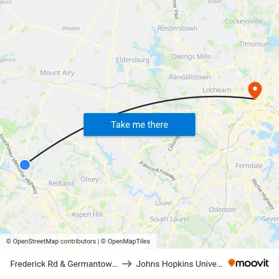 Frederick Rd & Germantown Rd to Johns Hopkins University map