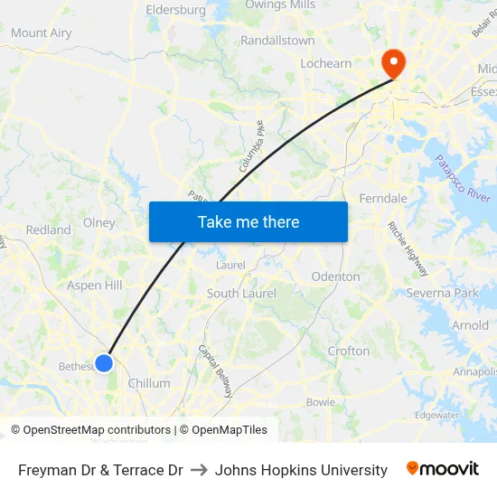 Freyman Dr & Terrace Dr to Johns Hopkins University map