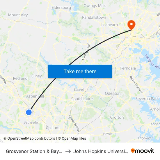 Grosvenor Station & Bay G to Johns Hopkins University map