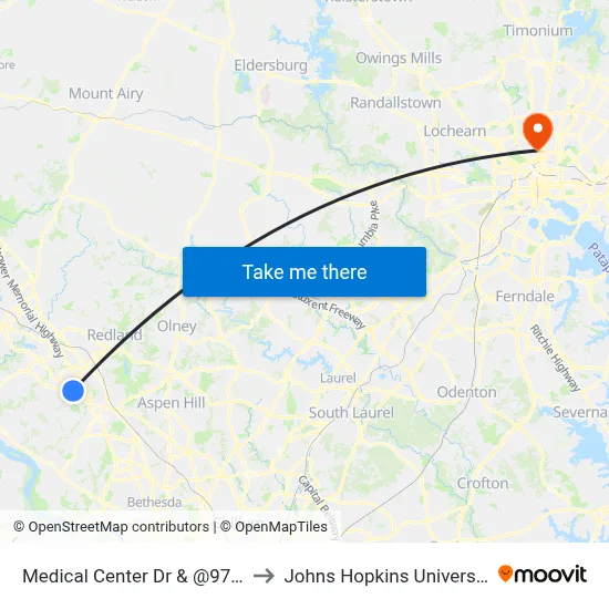 Medical Center Dr & @9711 to Johns Hopkins University map