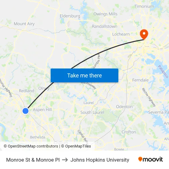 Monroe St & Monroe Pl to Johns Hopkins University map