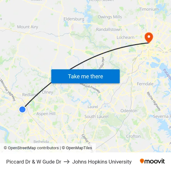 Piccard Dr & W Gude Dr to Johns Hopkins University map