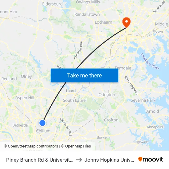 Piney Branch Rd & University Blvd to Johns Hopkins University map