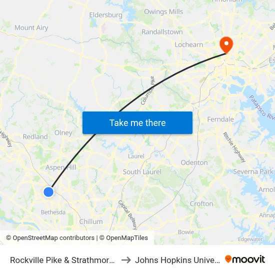 Rockville Pike & Strathmore Ave to Johns Hopkins University map
