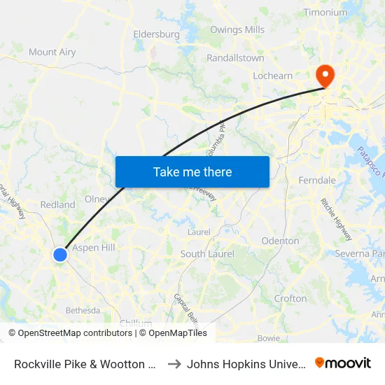 Rockville Pike & Wootton Pkwy to Johns Hopkins University map