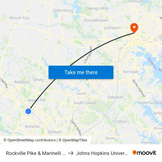 North Bethesda Station & Bay C to Johns Hopkins University map