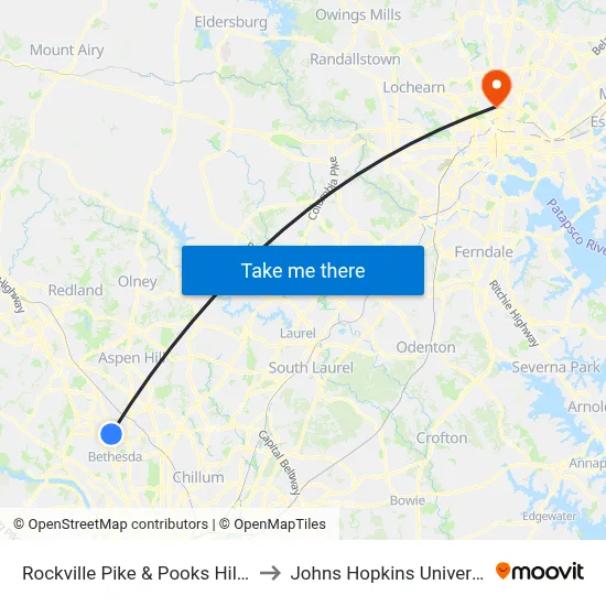 Rockville Pike & Pooks Hill Rd to Johns Hopkins University map