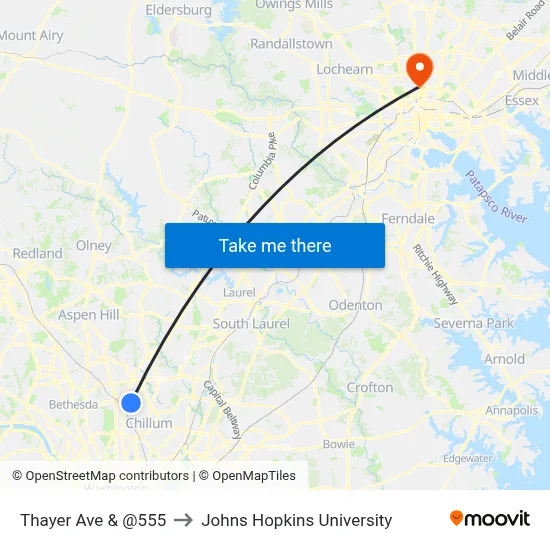 Thayer Ave & @555 to Johns Hopkins University map