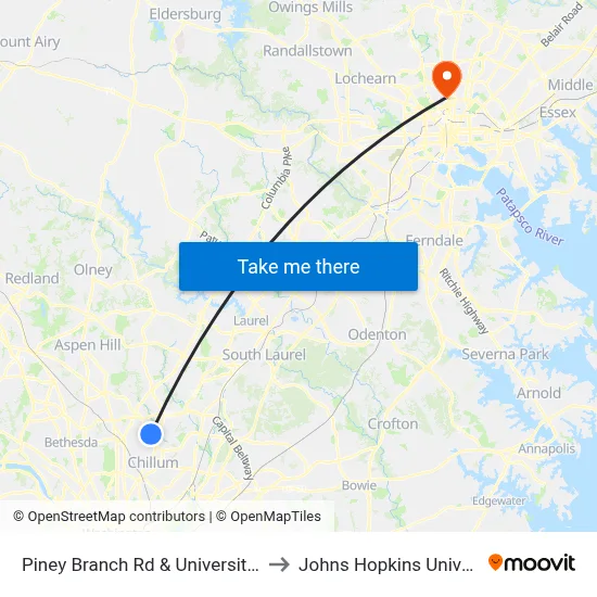 Piney Branch Rd & University Blvd to Johns Hopkins University map