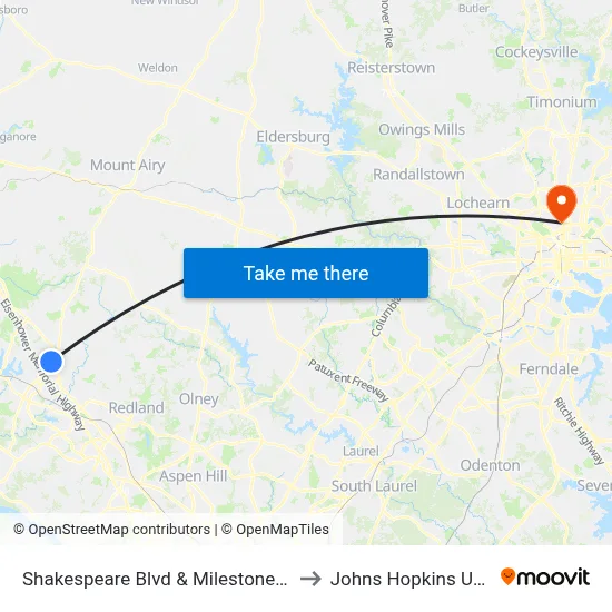 Shakespeare Blvd & Milestone Park & Ride to Johns Hopkins University map