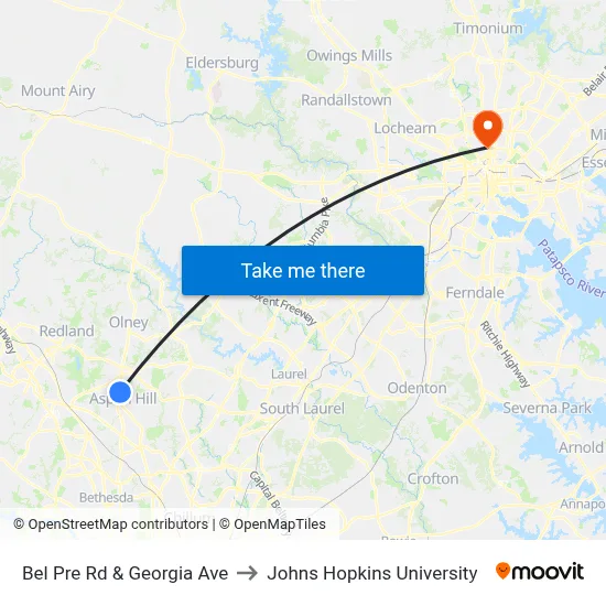 Bel Pre Rd & Georgia Ave to Johns Hopkins University map