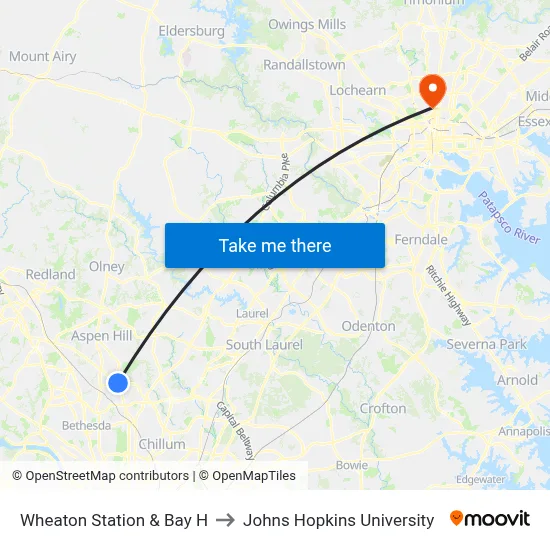 Wheaton Station & Bay H to Johns Hopkins University map